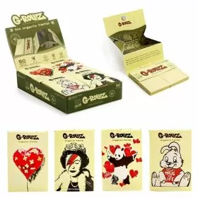 Grollz Papers Organic Extra Thin 1 1/4 Size - With Tips and Tray - 50 Papers Per Pack - 16 Packs Per Box - Banksys Graffiti