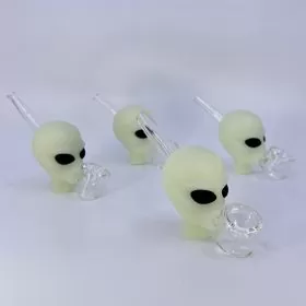 Handpipe 4 Inch Silicone With Glass - 4 Per Pack - Alien Head Glow in the Dark