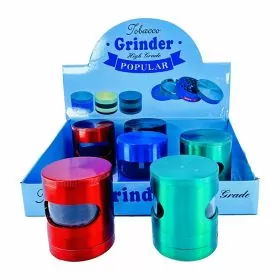 PLG13 - 4 Part Metal Tobacco Grinder - 56 mm - With Window - Color Block - Assorted Colors