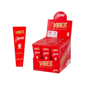 Vibes Hemp King Size Pre Rolled Cones - 3 In Pack - 30 Pack In Display Box