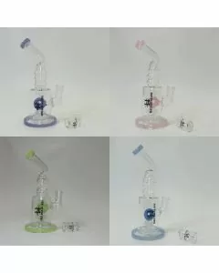 Helios Glass - 8 Inch Waterpipe - Bent Neck, Ribbed Ring With Donut Showerhead Perc and Banger