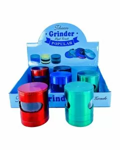 PLG13 - 4 Part Metal Tobacco Grinder - 56 mm - With Window - Color Block - Assorted Colors