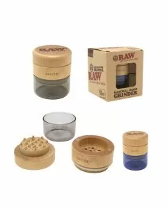 Raw 3 Part Grinder - Birch Wood Top and Blue Glass Bottom`
