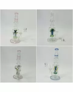 Helios Glass Waterpipe 10" Inch - Ribbed Ring With Mushrooms Showehead Perc and Banger