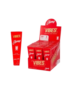 VIBES HEMP KING SIZE PRE ROLLED CONES - 3 IN PACK - 30 PACK IN DISPLAY BOX